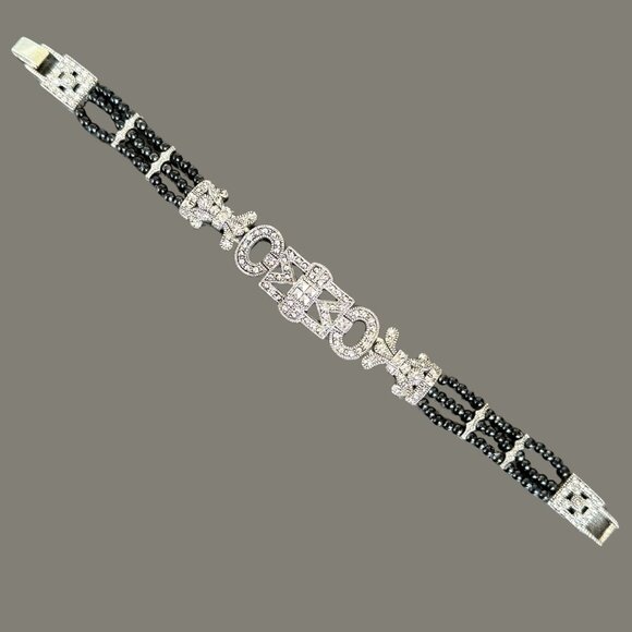 Art Deco Style Beaded Bracelet 7.5in Silver Tone Black Beads Retro - Picture 2 of 10